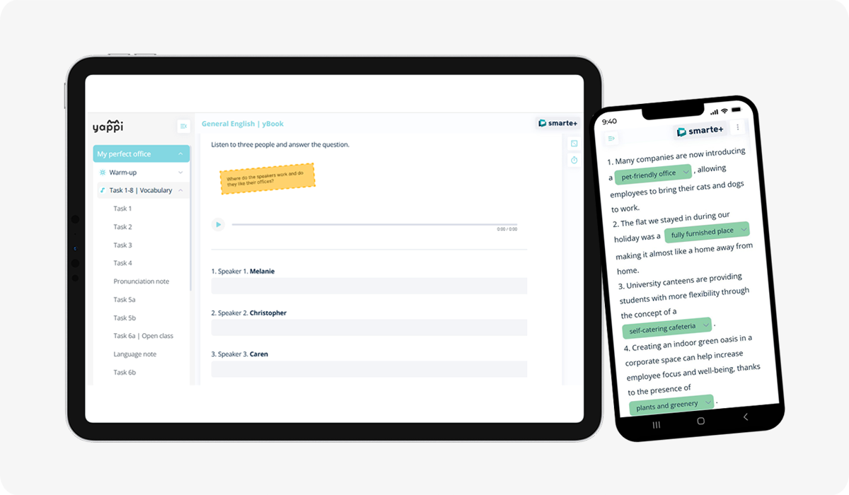 Вместо абстрактных упражнений из учебника мы используем аутентичные материалы в области клиента Yappi (картинка)